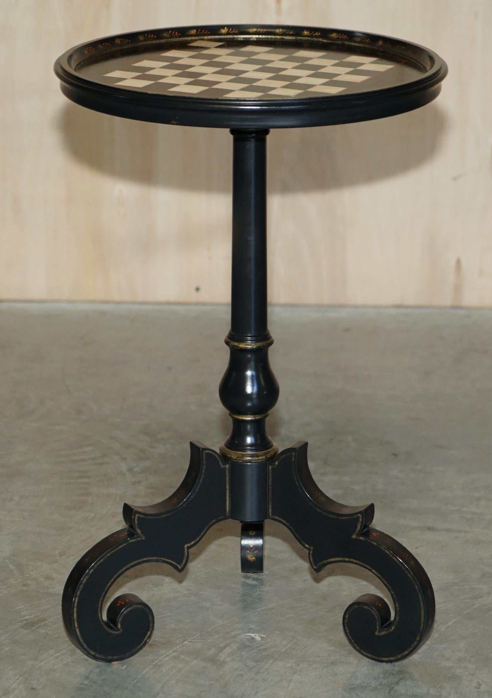 Pair of Antique Late Victorian Ebonised Hand Painted Chess Board Tripod Tables 4