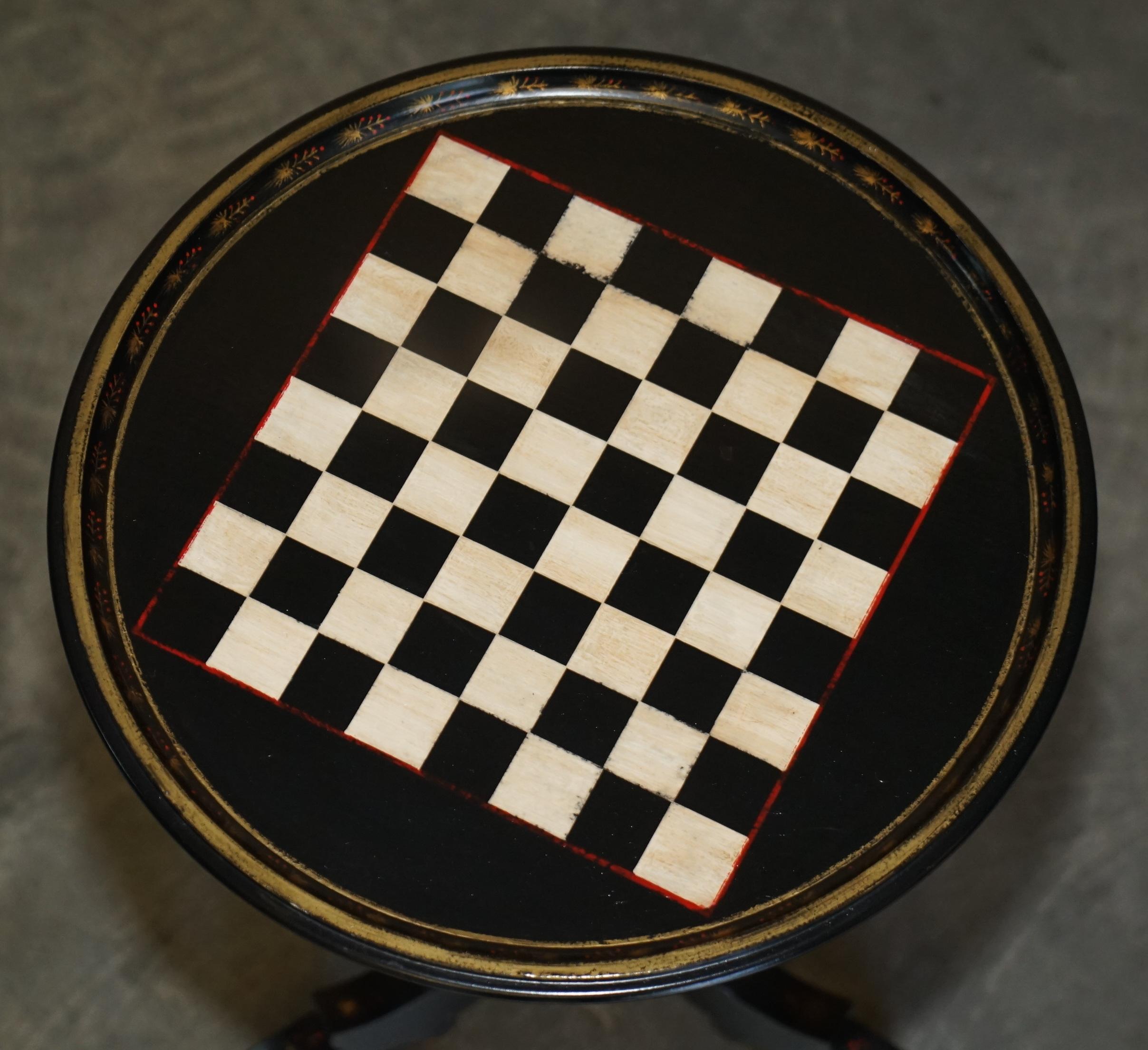 Pair of Antique Late Victorian Ebonised Hand Painted Chess Board Tripod Tables 6