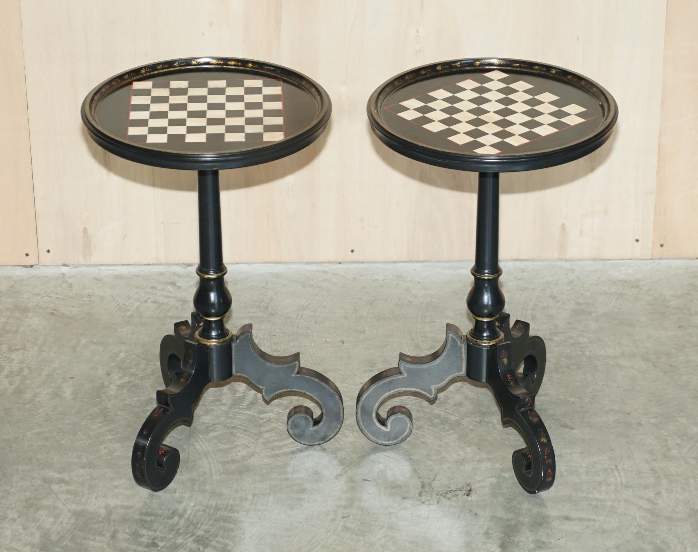 We are delighted to offer this lovely pair of late Victorian Ebonised hand painted Chess games tables

A very good looking well-made and function pair, extremely decorative, the tops have been what looks like polychrome painted 

The condition