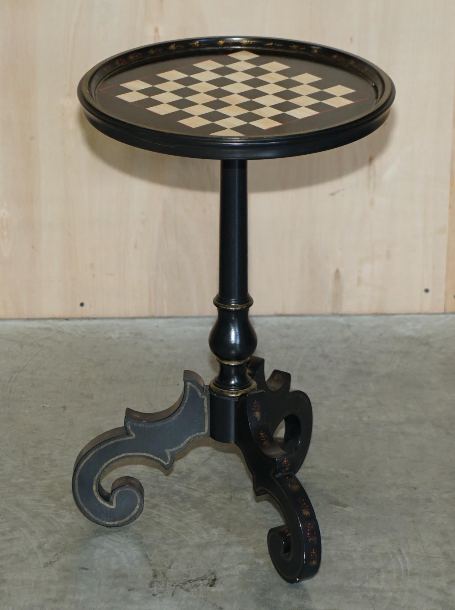 English Pair of Antique Late Victorian Ebonised Hand Painted Chess Board Tripod Tables