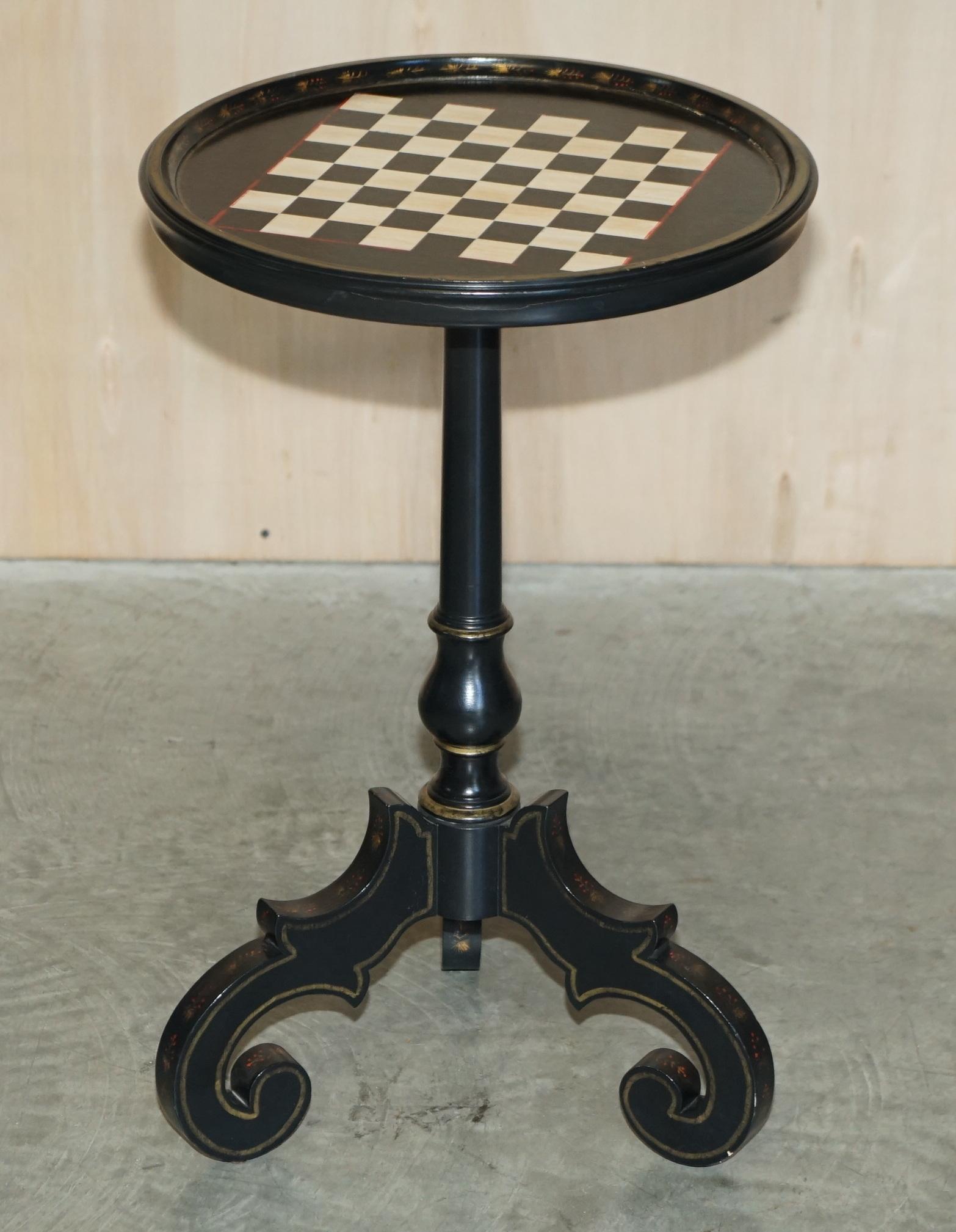 Hand-Crafted Pair of Antique Late Victorian Ebonised Hand Painted Chess Board Tripod Tables