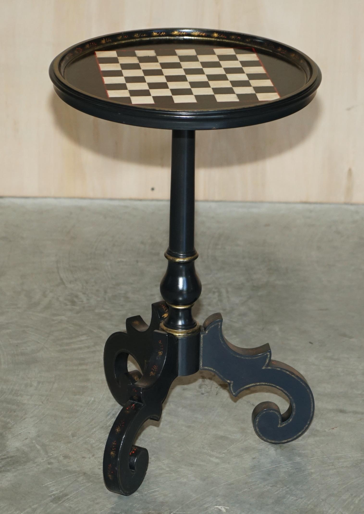 Pair of Antique Late Victorian Ebonised Hand Painted Chess Board Tripod Tables 3