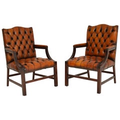 Pair of Antique Leather and Mahogany Gainsborough Armchairs