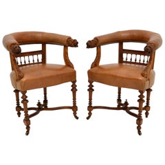 Pair of Antique Leather & Carved Oak Armchairs