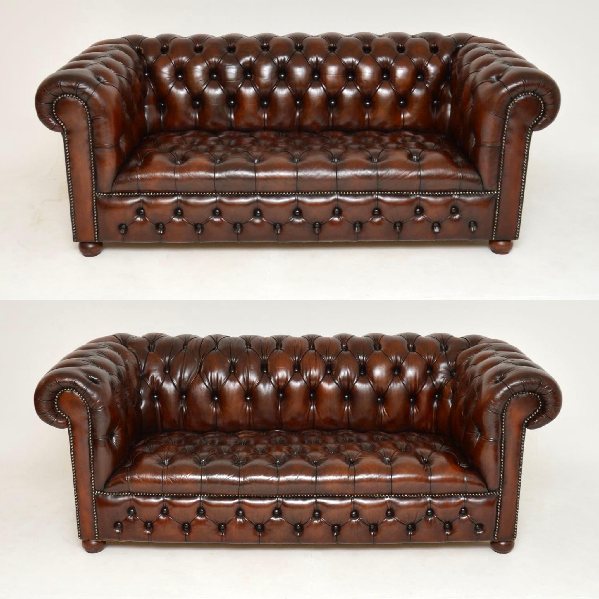 A fantastic pair of antique deep buttoned leather Chesterfield sofas. They were made in England, and date from around the 1950’s.

It is very rare to find a matching pair, they were handmade so there is a very tiny size difference of around one