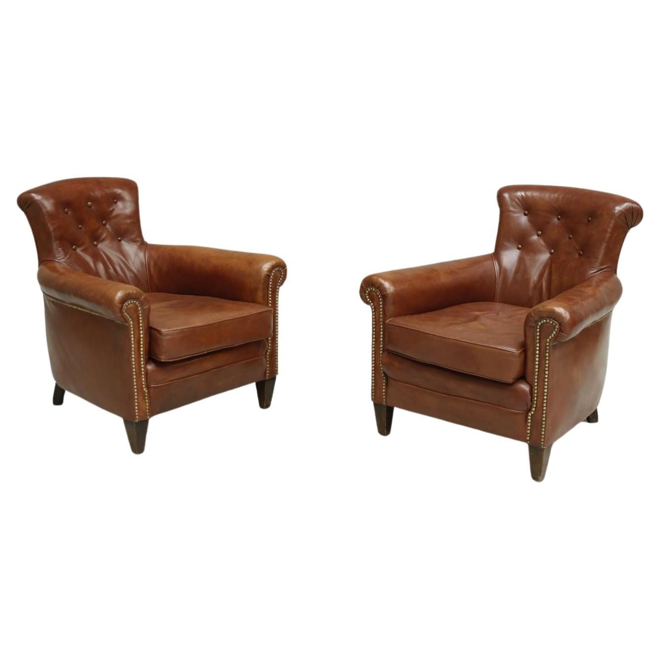 Pair of Antique Leather Country House Armchairs