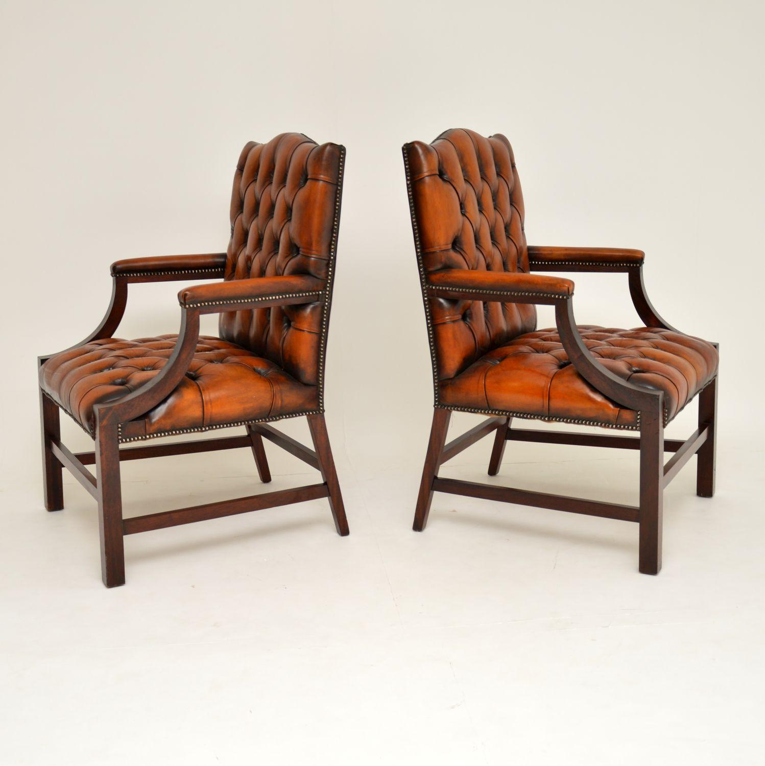Chippendale Pair of Antique Leather Gainsborough Armchairs