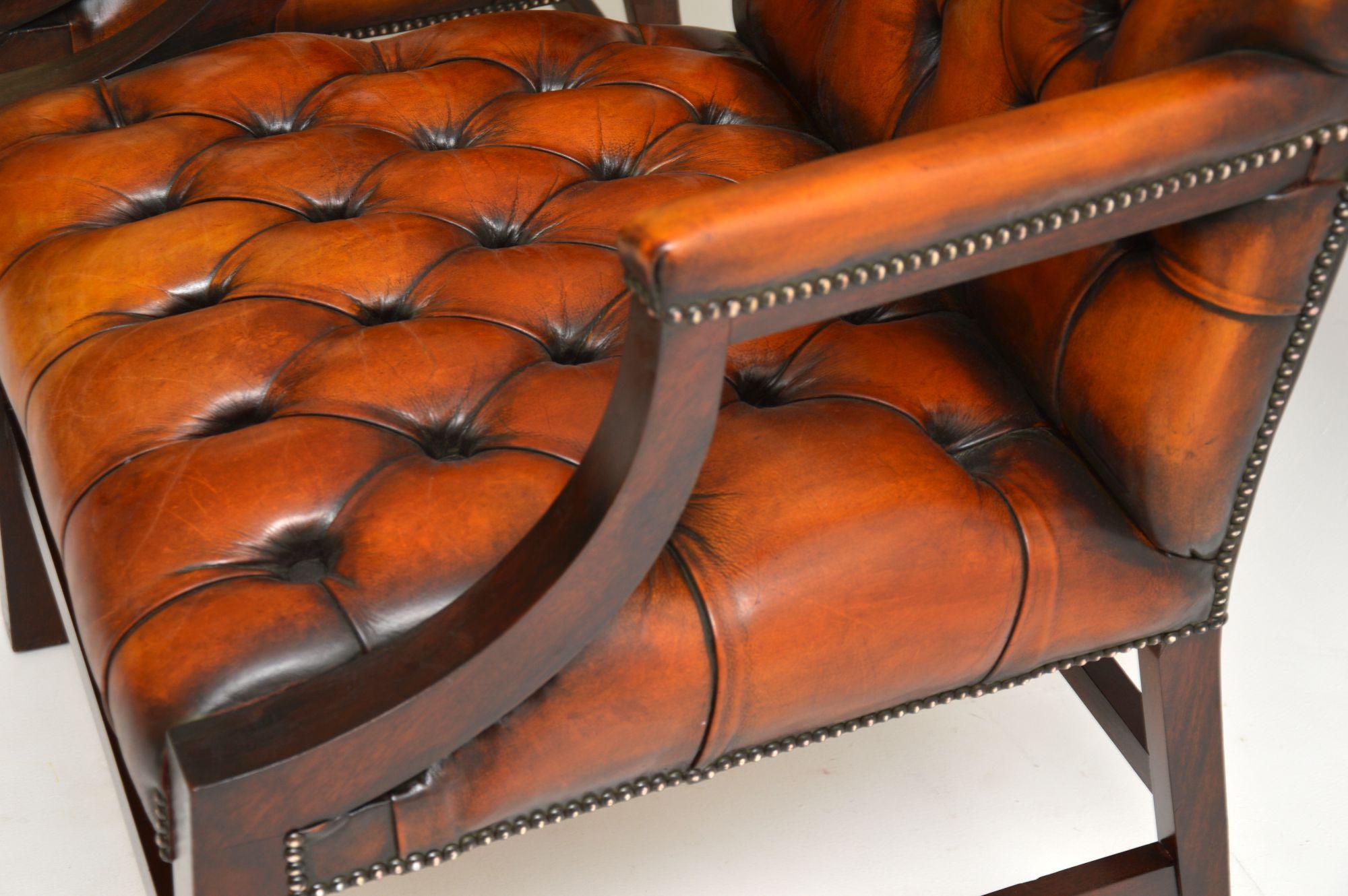 20th Century Pair of Antique Leather Gainsborough Armchairs