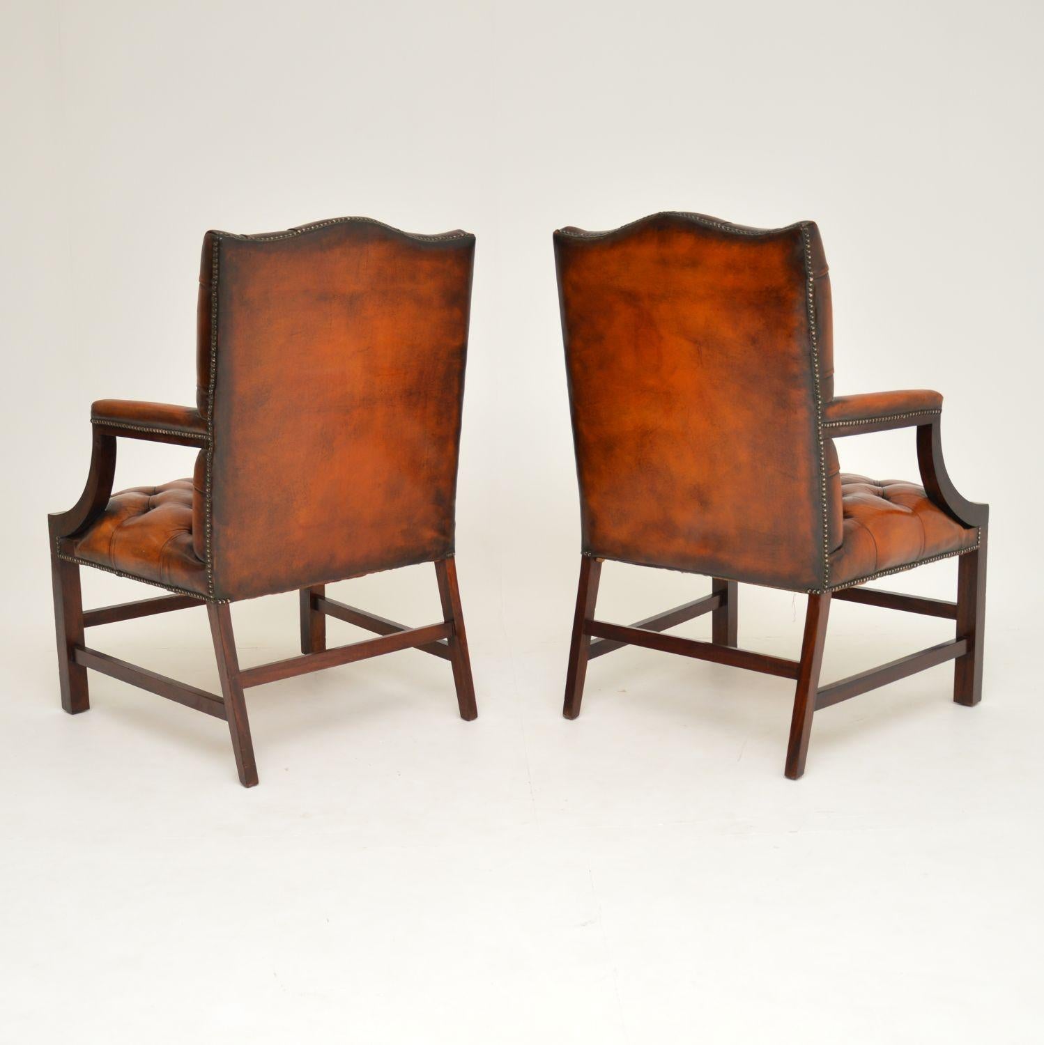 Pair of Antique Leather and Mahogany Gainsborough Armchairs 1