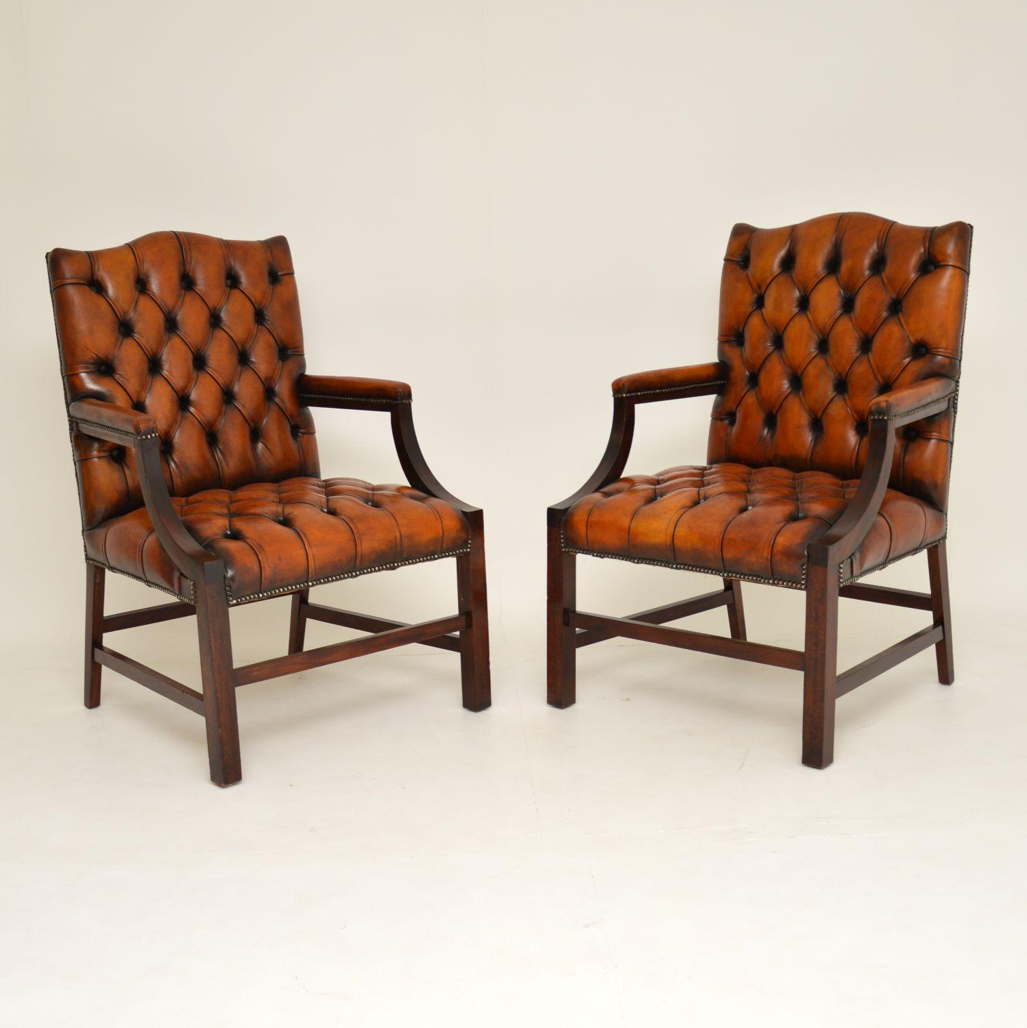 Pair of Antique Leather and Mahogany Gainsborough Armchairs 2