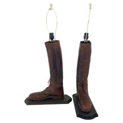 Pair of Antique Leather Riding Boot Lamps, 1950s USA
