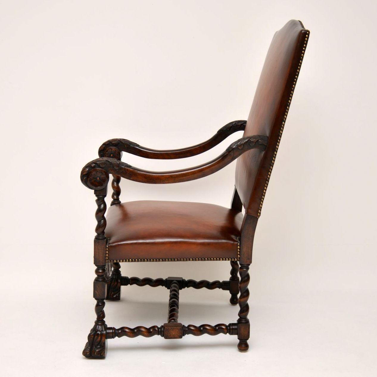 Pair of Antique Leather Upholstered Carved Oak Carolean Armchairs 4