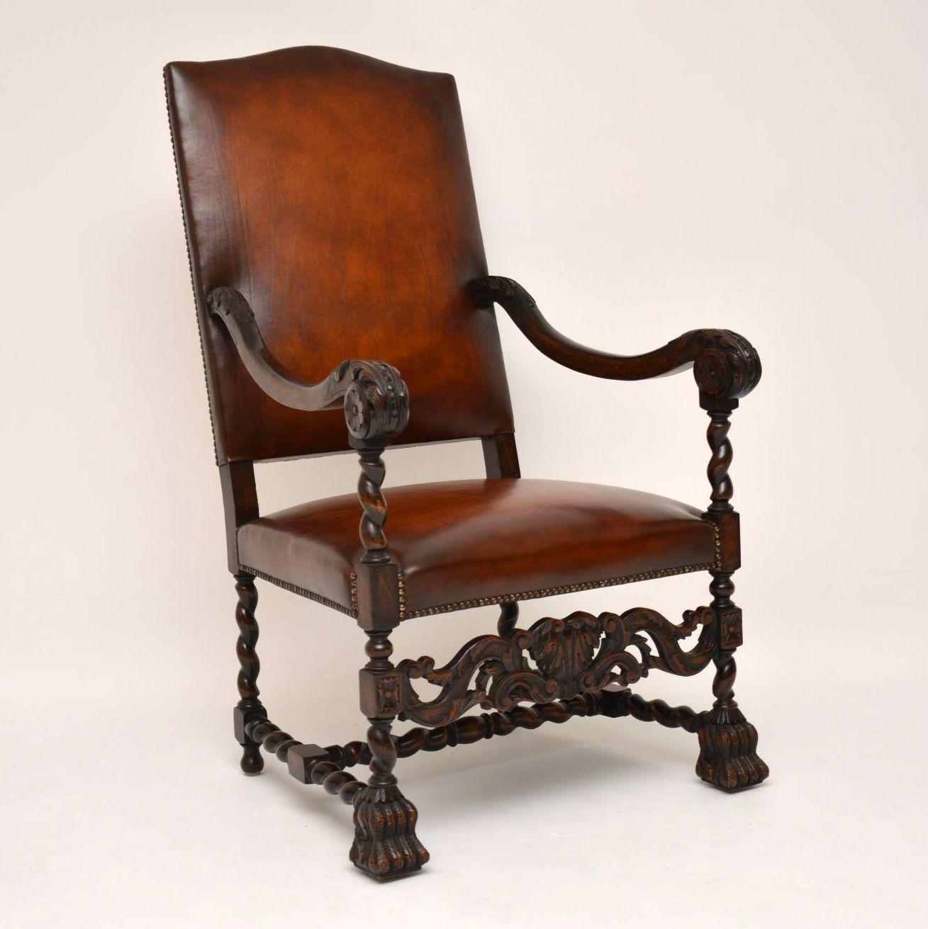 Victorian Pair of Antique Leather Upholstered Carved Oak Carolean Armchairs