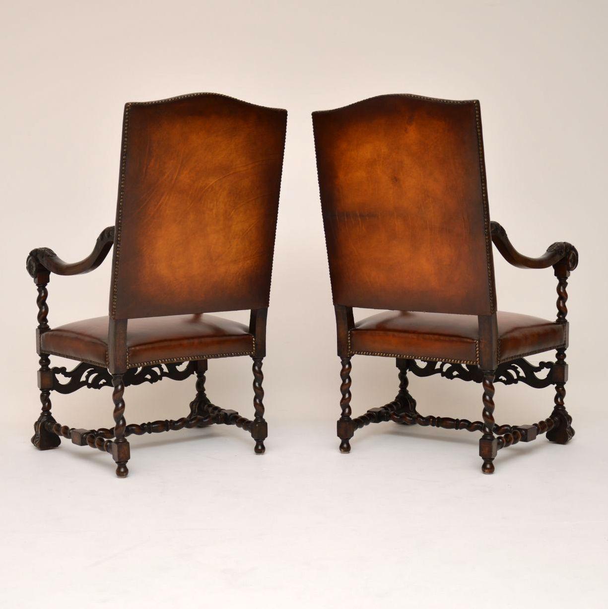Pair of Antique Leather Upholstered Carved Oak Carolean Armchairs 3