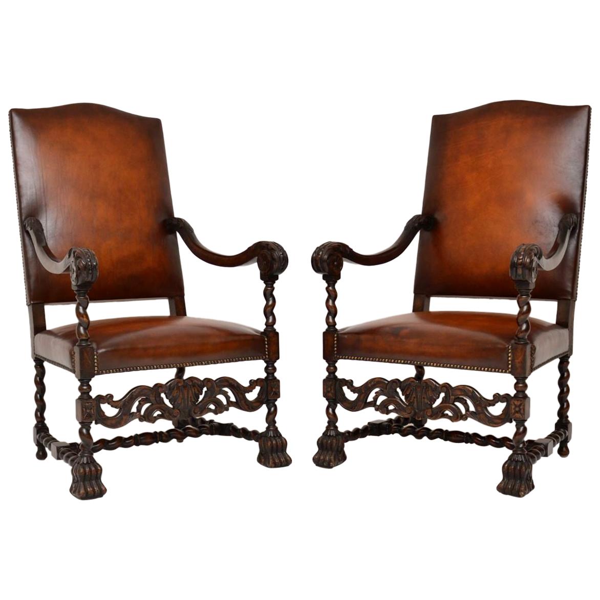 Pair of Antique Leather Upholstered Carved Oak Carolean Armchairs
