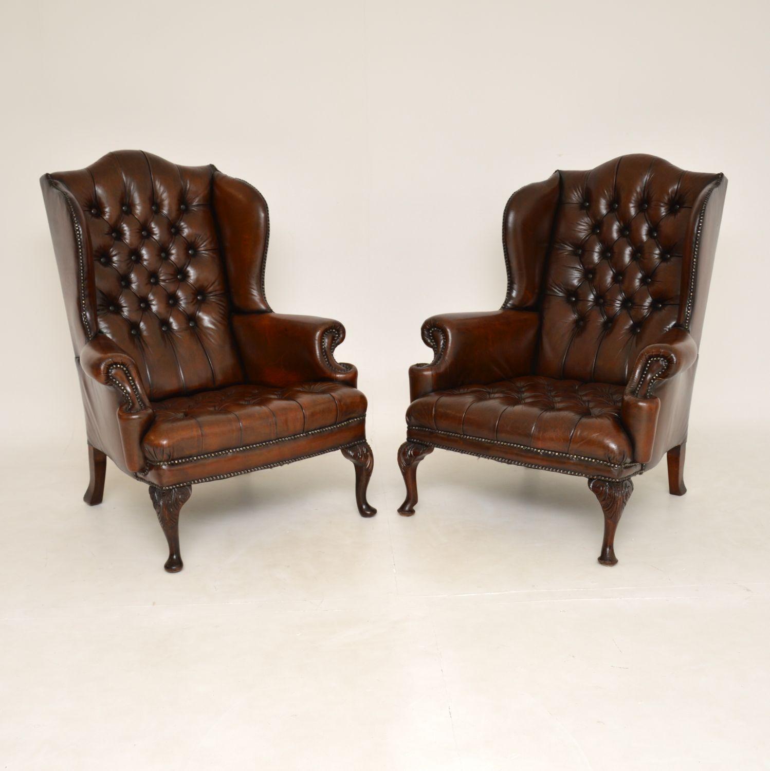 An excellent pair of vintage deep buttoned leather wing back armchairs. These were made in England, they date from around the 1930-1950’s period.
They are of superb quality and are extremely comfortable, with very generous proportions. They have