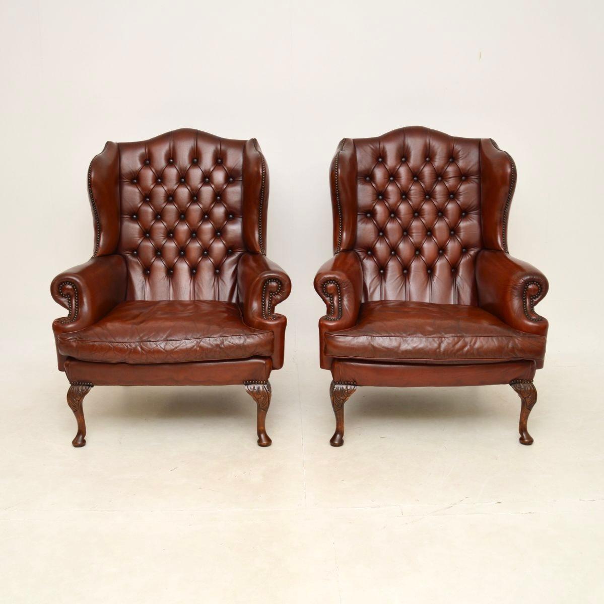 A fantastic pair of antique leather wing back armchairs. They were made in England, they date from around the 1930’s.

The quality is superb and they are extremely comfortable to relax in, they are supportive and have down filled cushions. The