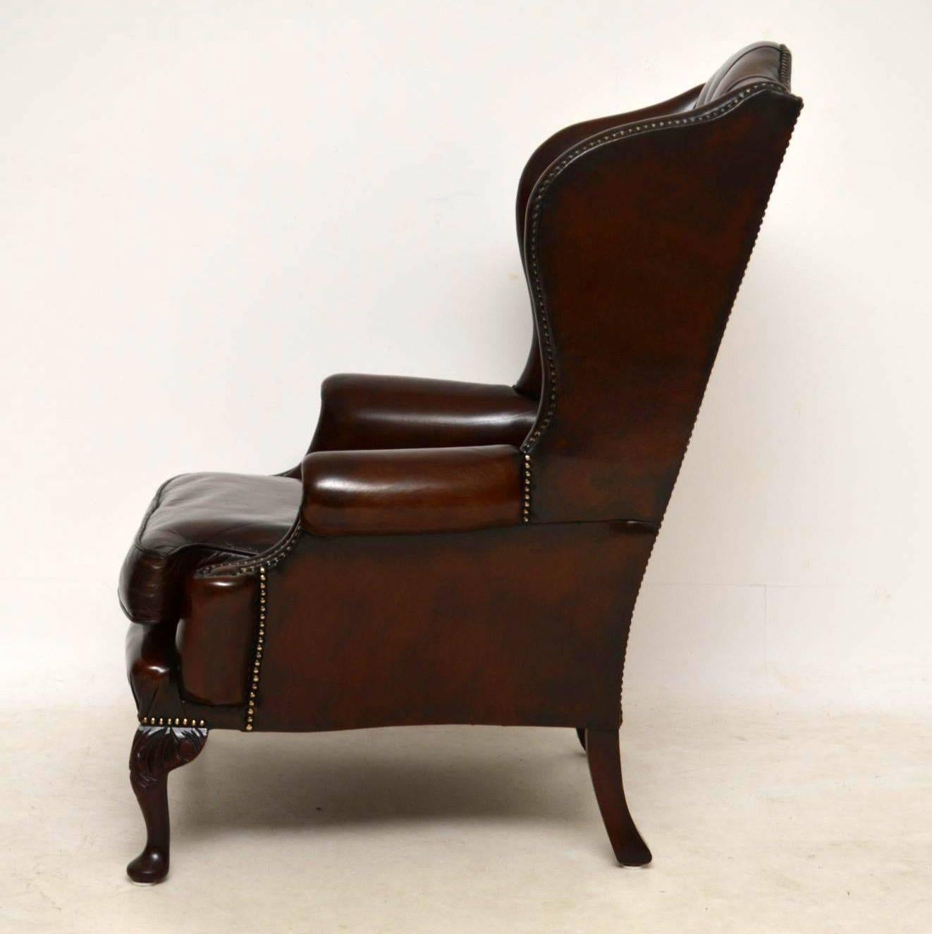 Edwardian Pair of Antique Leather Wing Back Armchairs