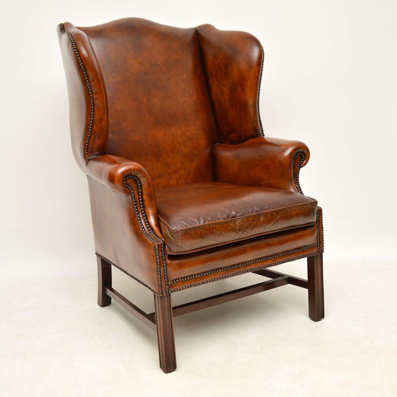 Victorian Pair of Antique Leather Wing Back Armchairs