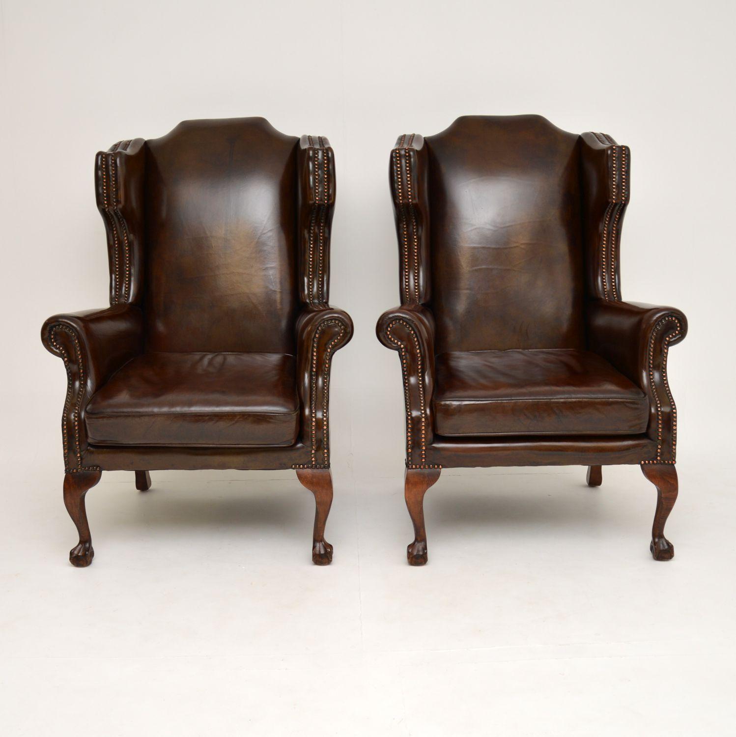 Georgian Pair of Antique Leather Wingback Armchairs