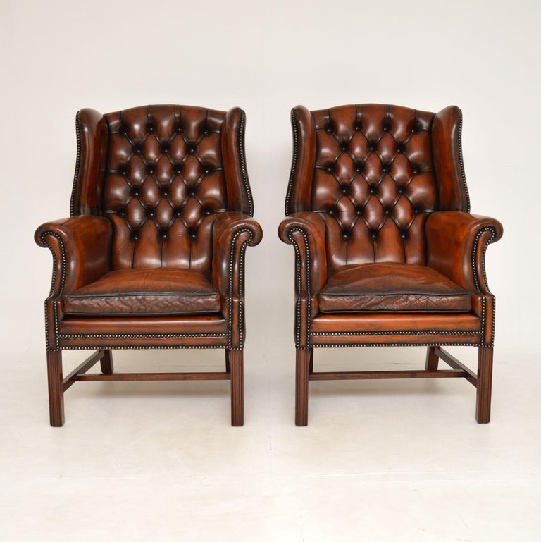 Georgian Pair of Antique Leather Wing Back Armchairs