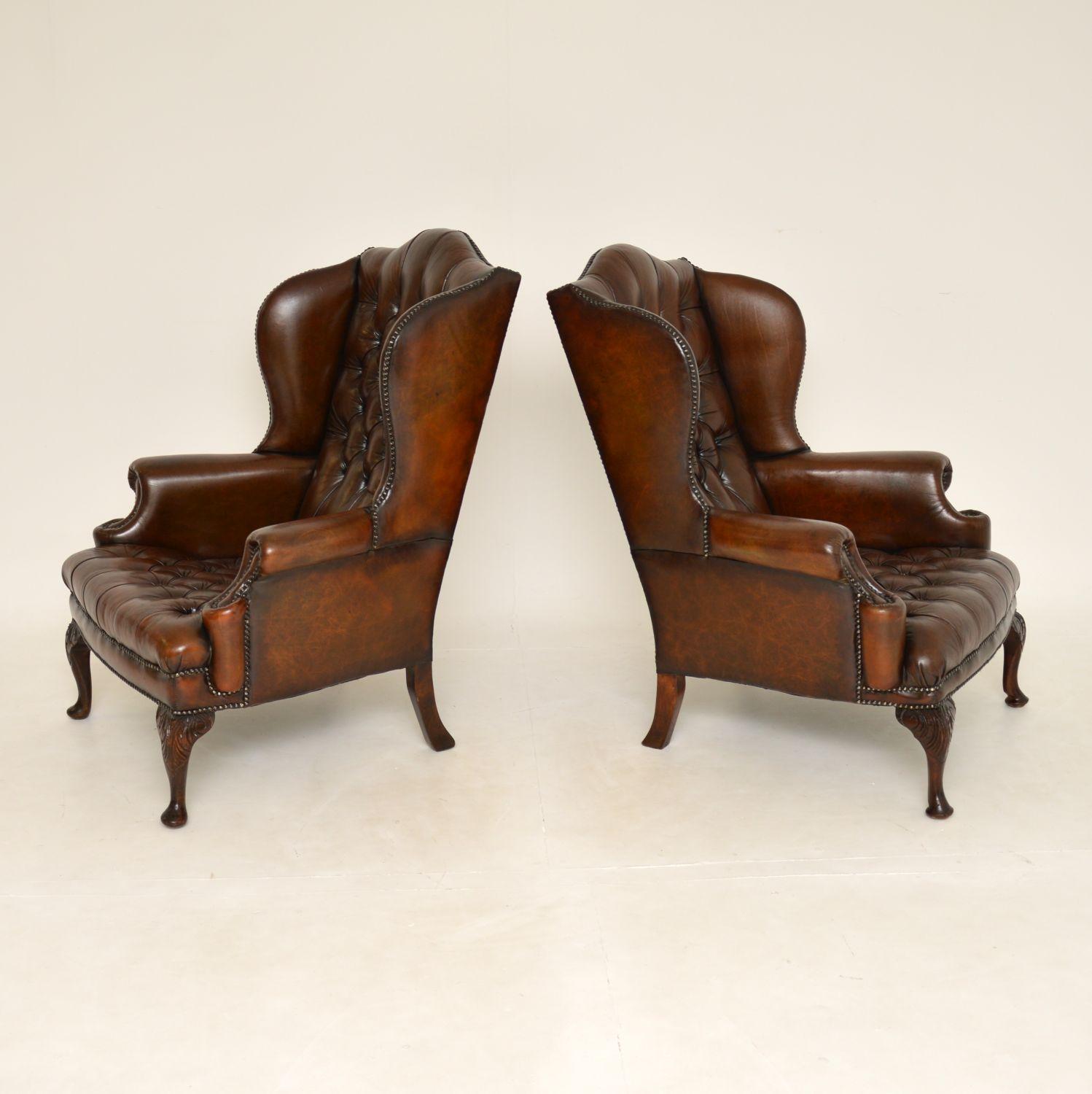 Chippendale Pair of Antique Leather Wing Back Armchairs