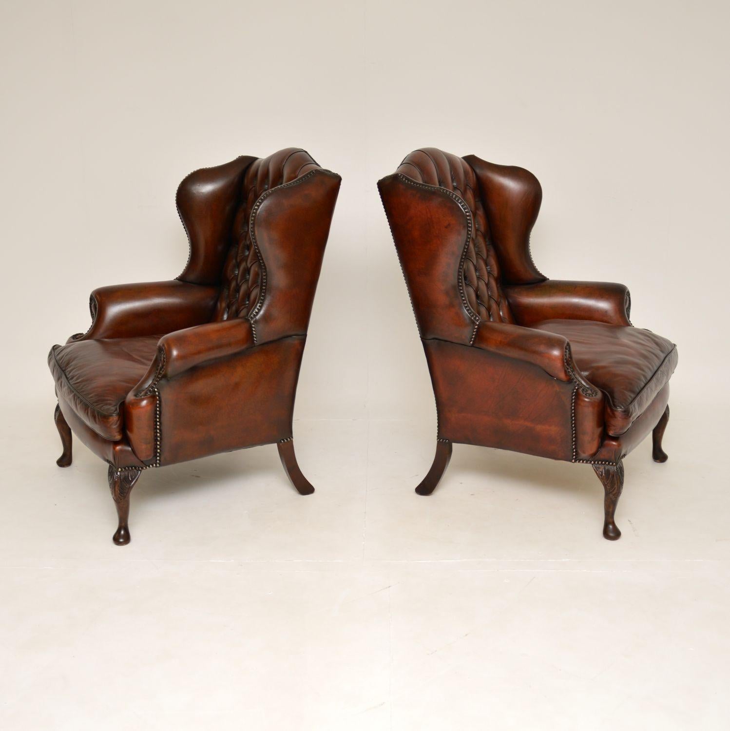 Chippendale Pair of Antique Leather Wing Back Armchairs