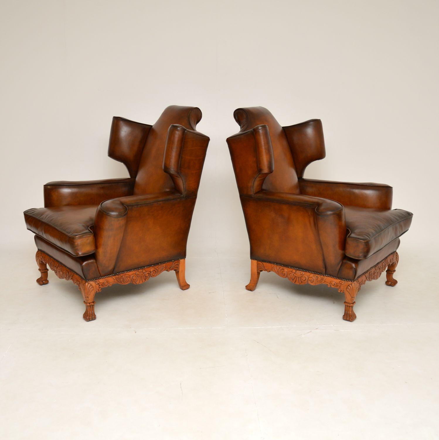 Georgian Pair of Antique Leather Wing Back Armchairs For Sale