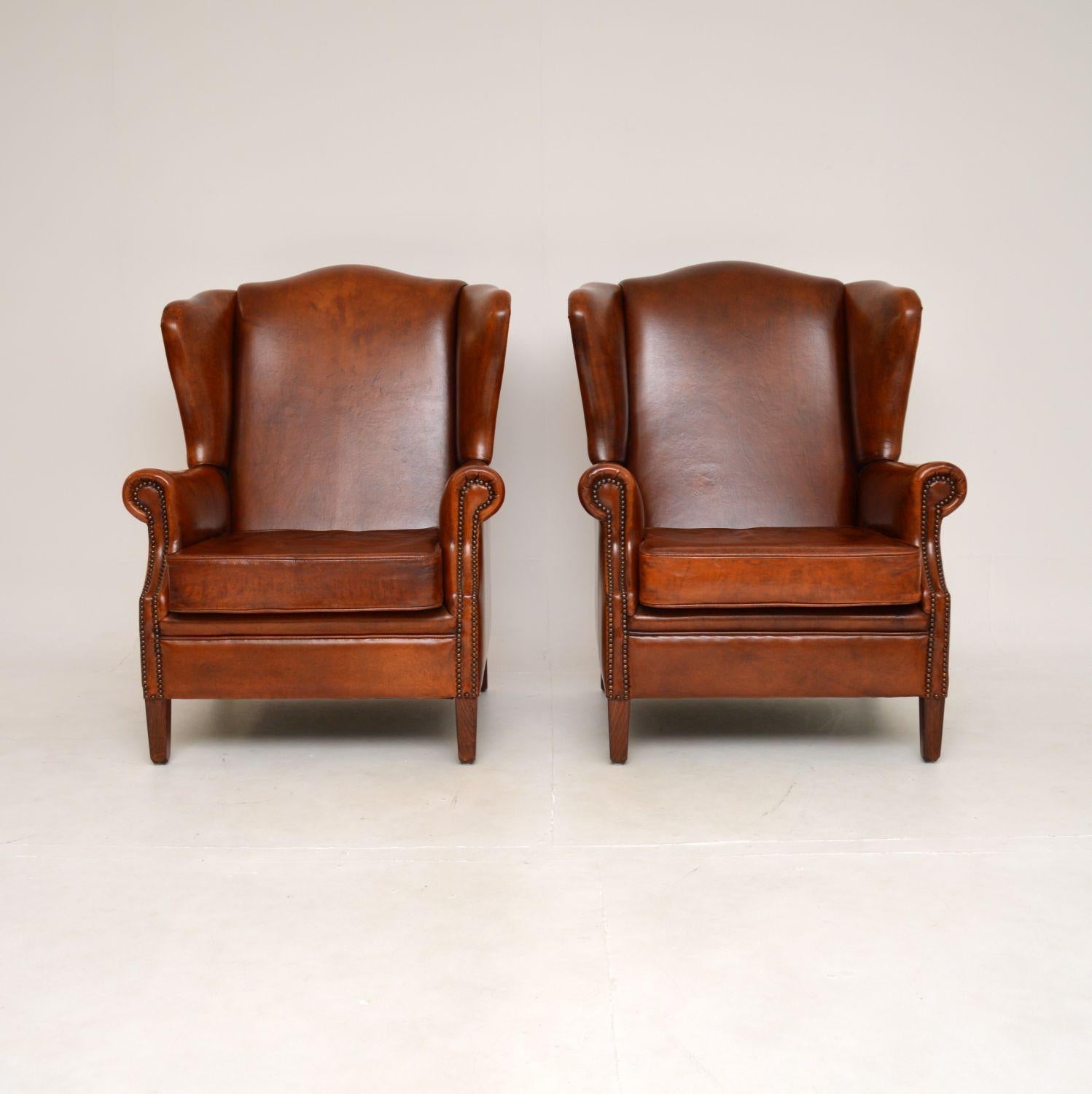 Georgian Pair of Antique Leather Wing Back Armchairs