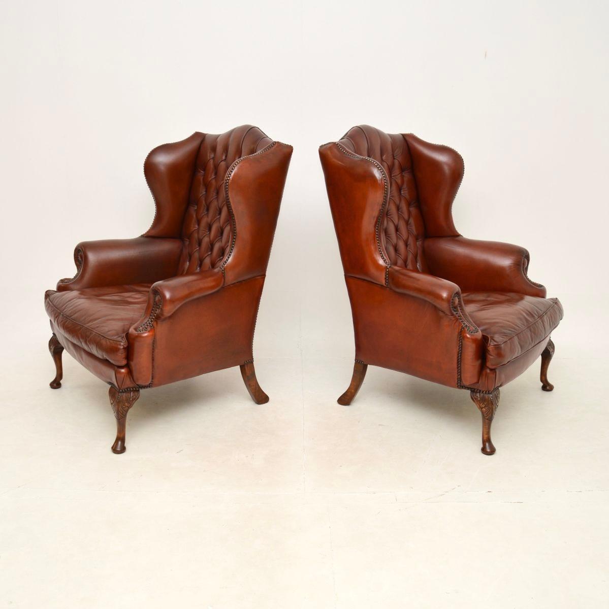 Georgian Pair of Antique Leather Wing Back Armchairs For Sale