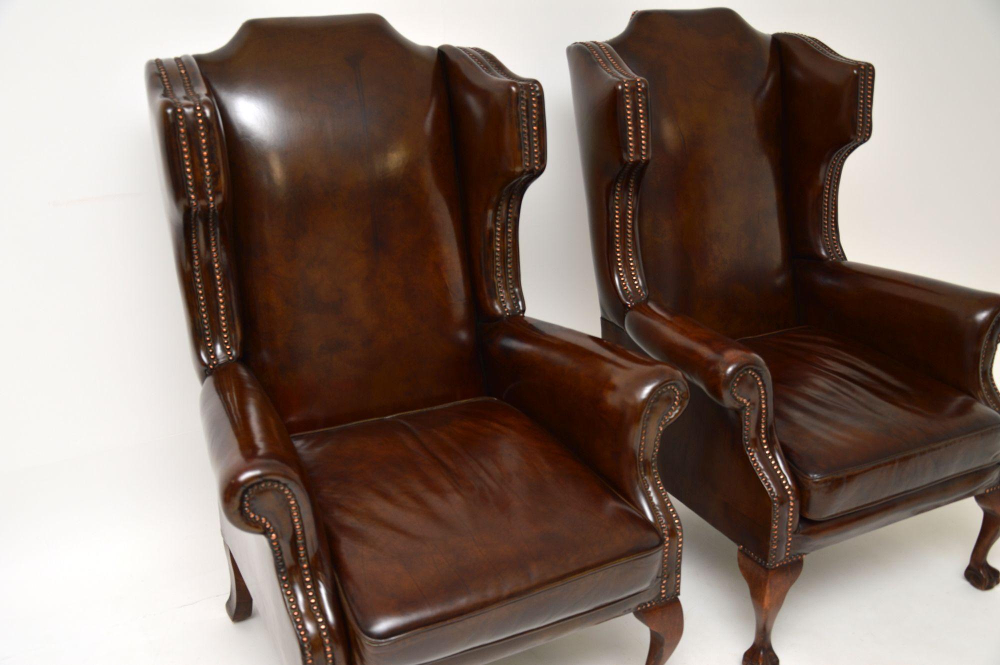 British Pair of Antique Leather Wingback Armchairs