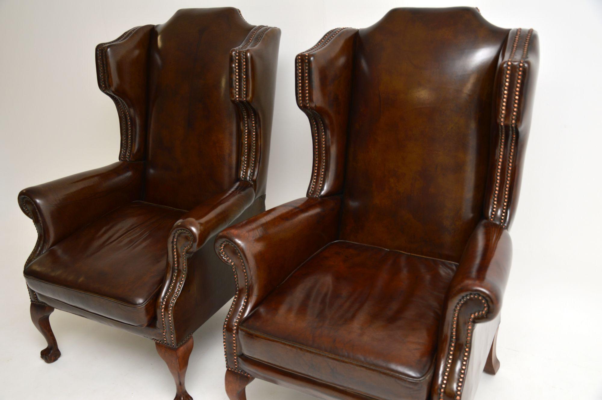 Pair of Antique Leather Wingback Armchairs In Good Condition In London, GB