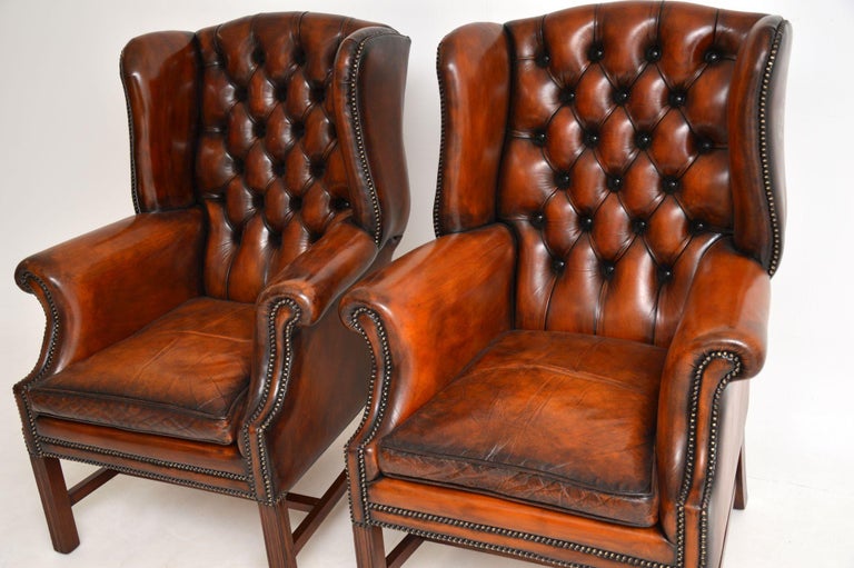 Pair of Antique Leather Wing Back Armchairs In Good Condition In London, GB