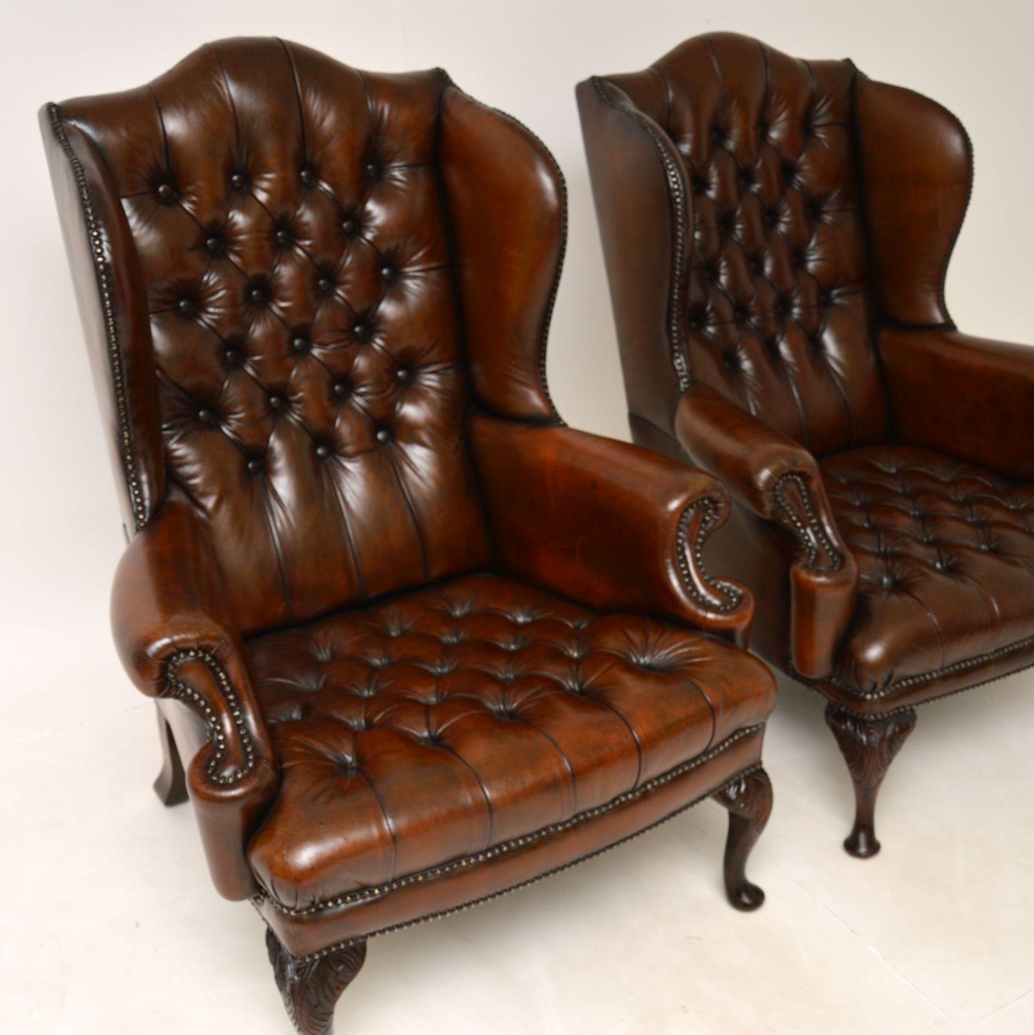 Pair of Antique Leather Wing Back Armchairs In Good Condition In London, GB