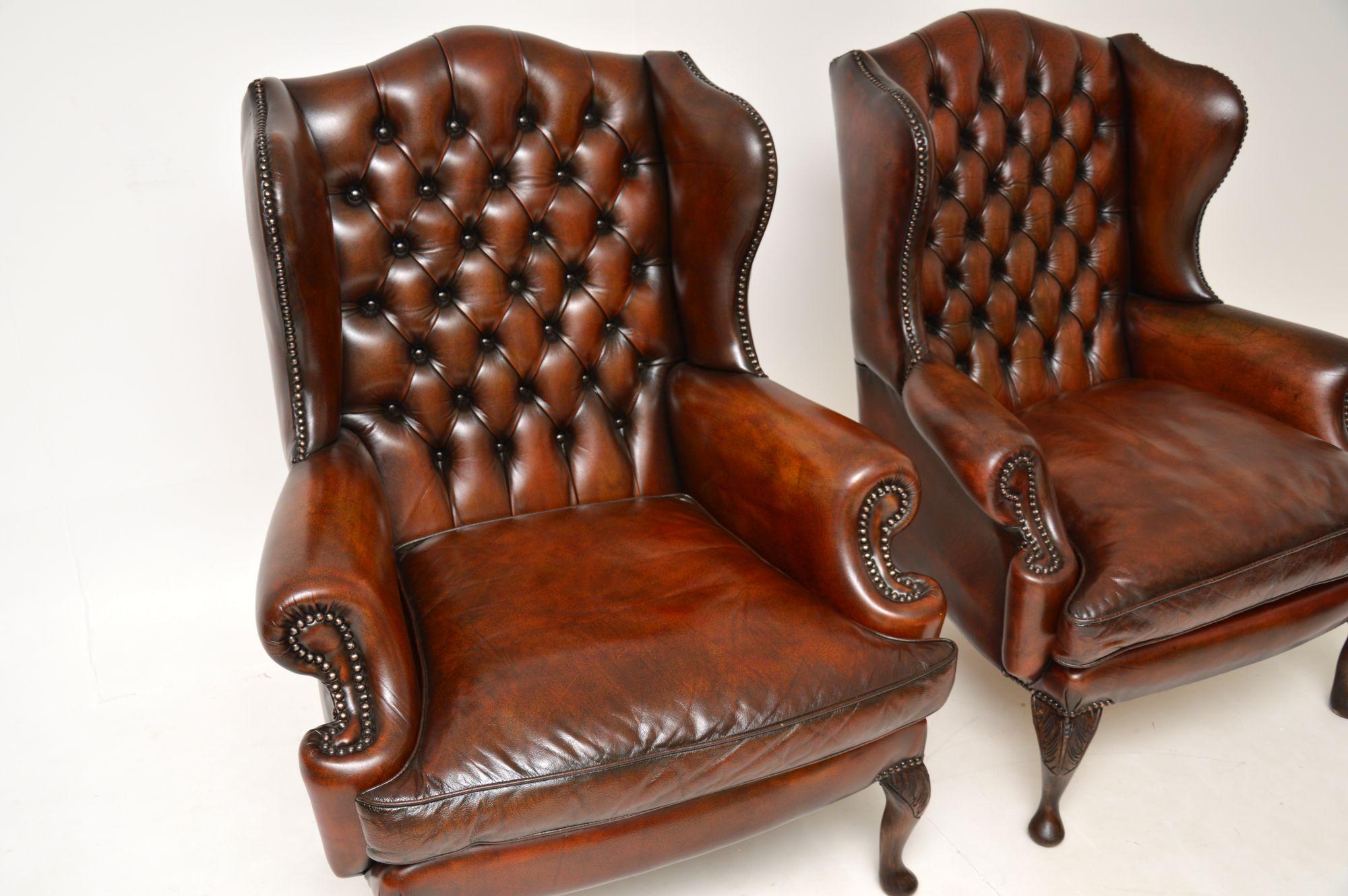 20th Century Pair of Antique Leather Wing Back Armchairs