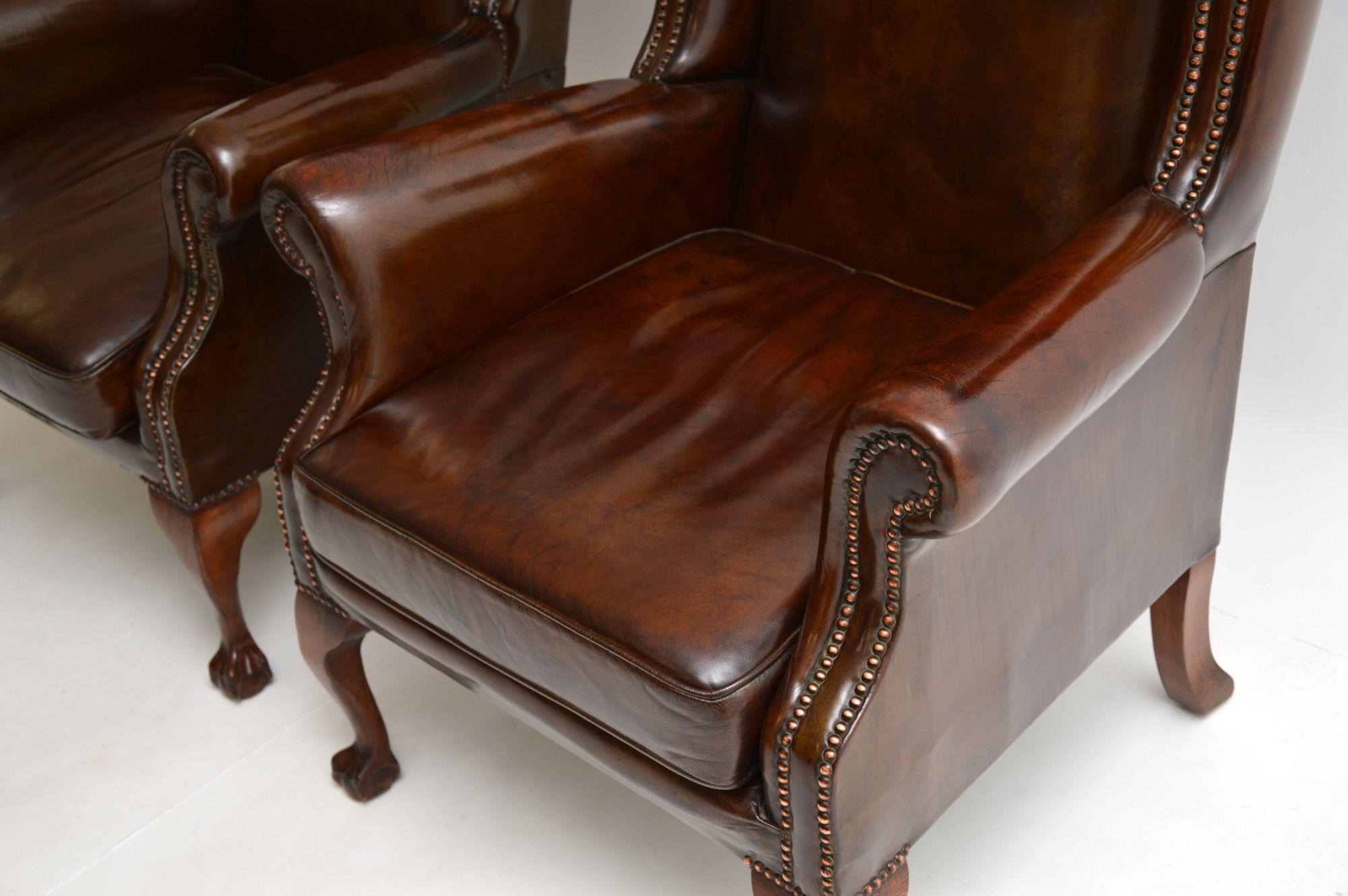 20th Century Pair of Antique Leather Wingback Armchairs