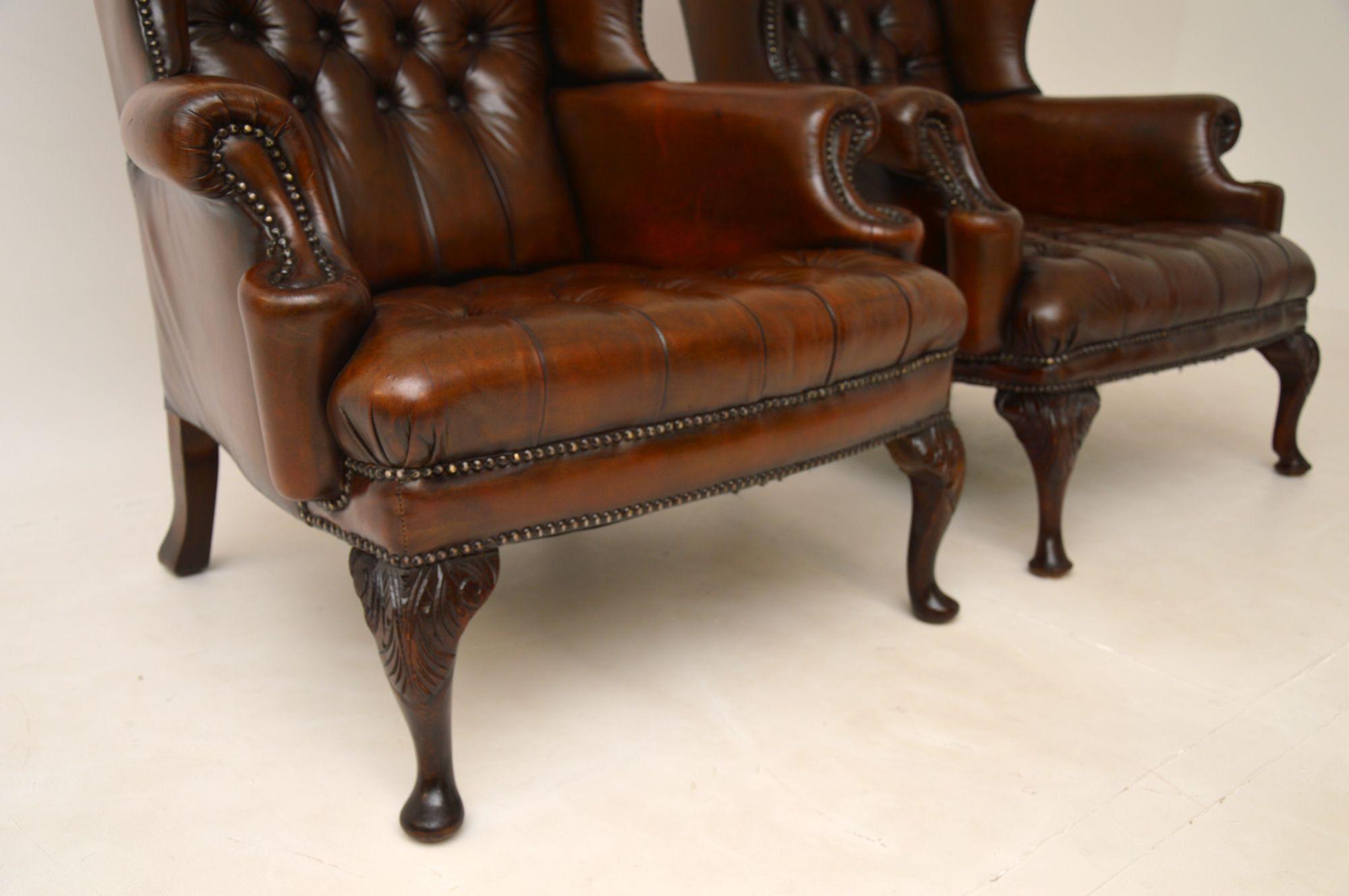 20th Century Pair of Antique Leather Wing Back Armchairs