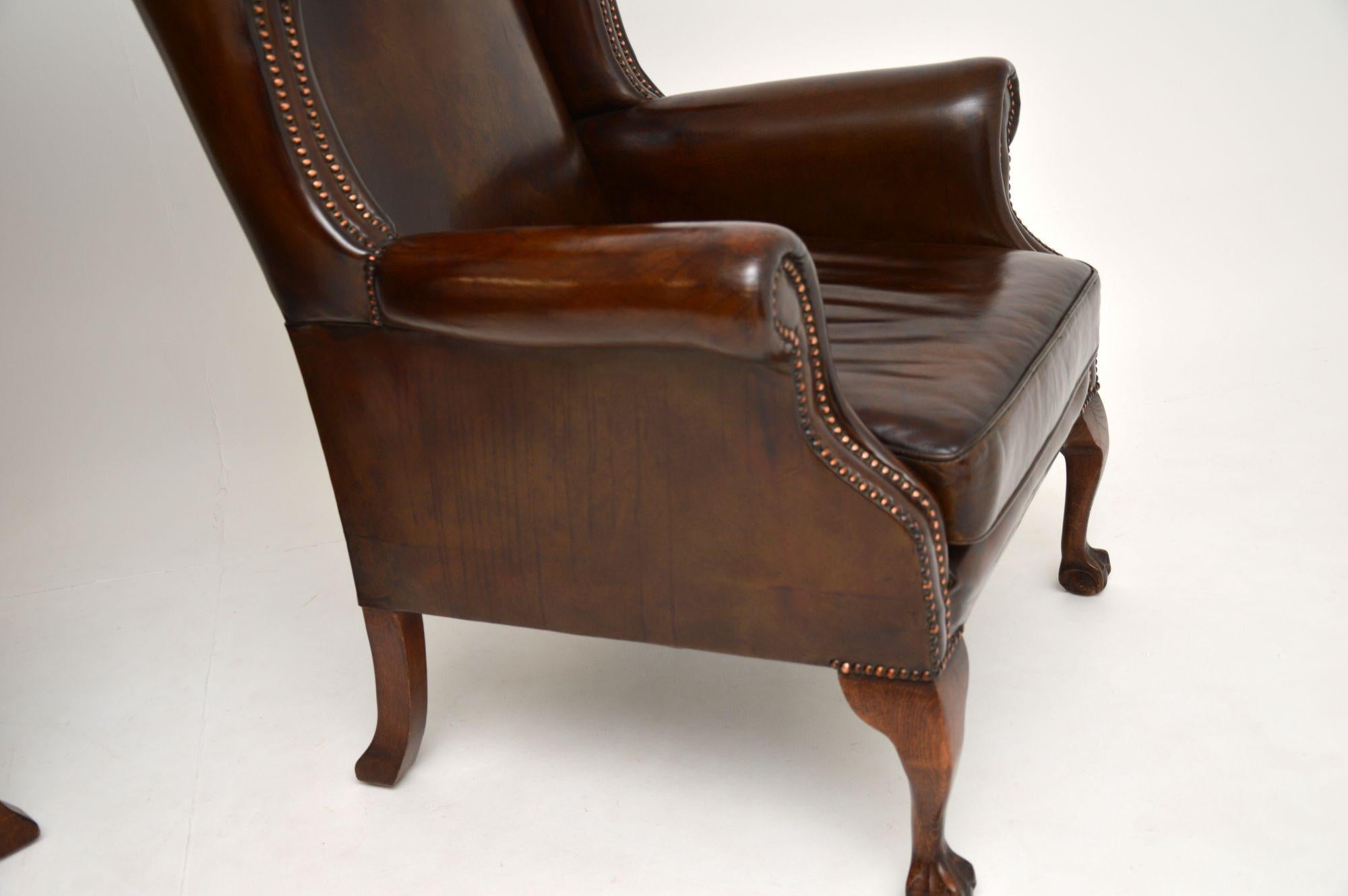 Pair of Antique Leather Wingback Armchairs 1
