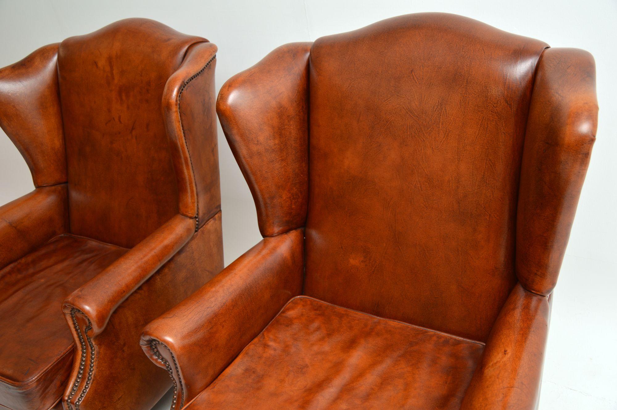 Pair of Antique Leather Wing Back Armchairs 1