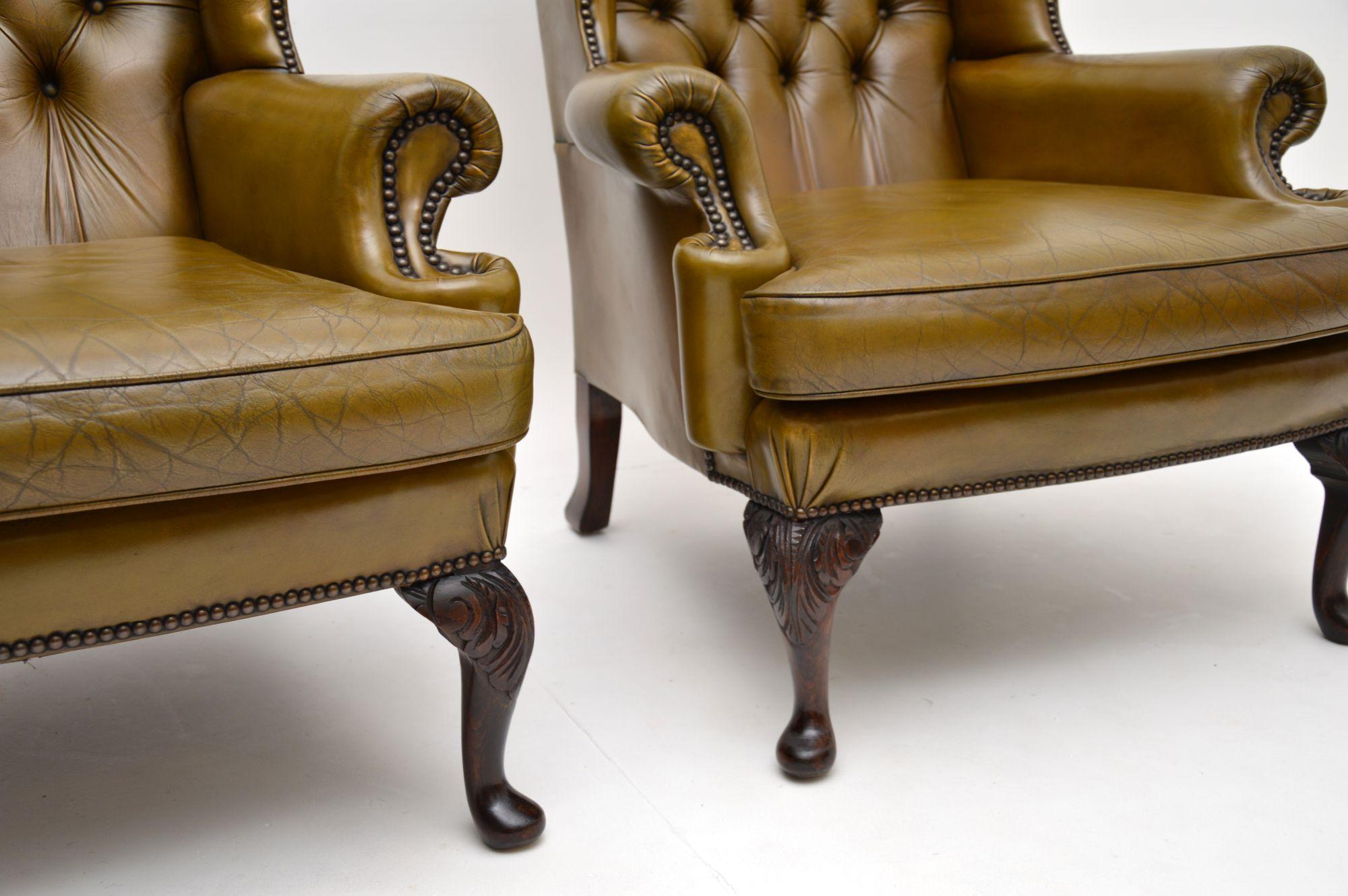 Pair of Antique Leather Wing Back Armchairs For Sale 2