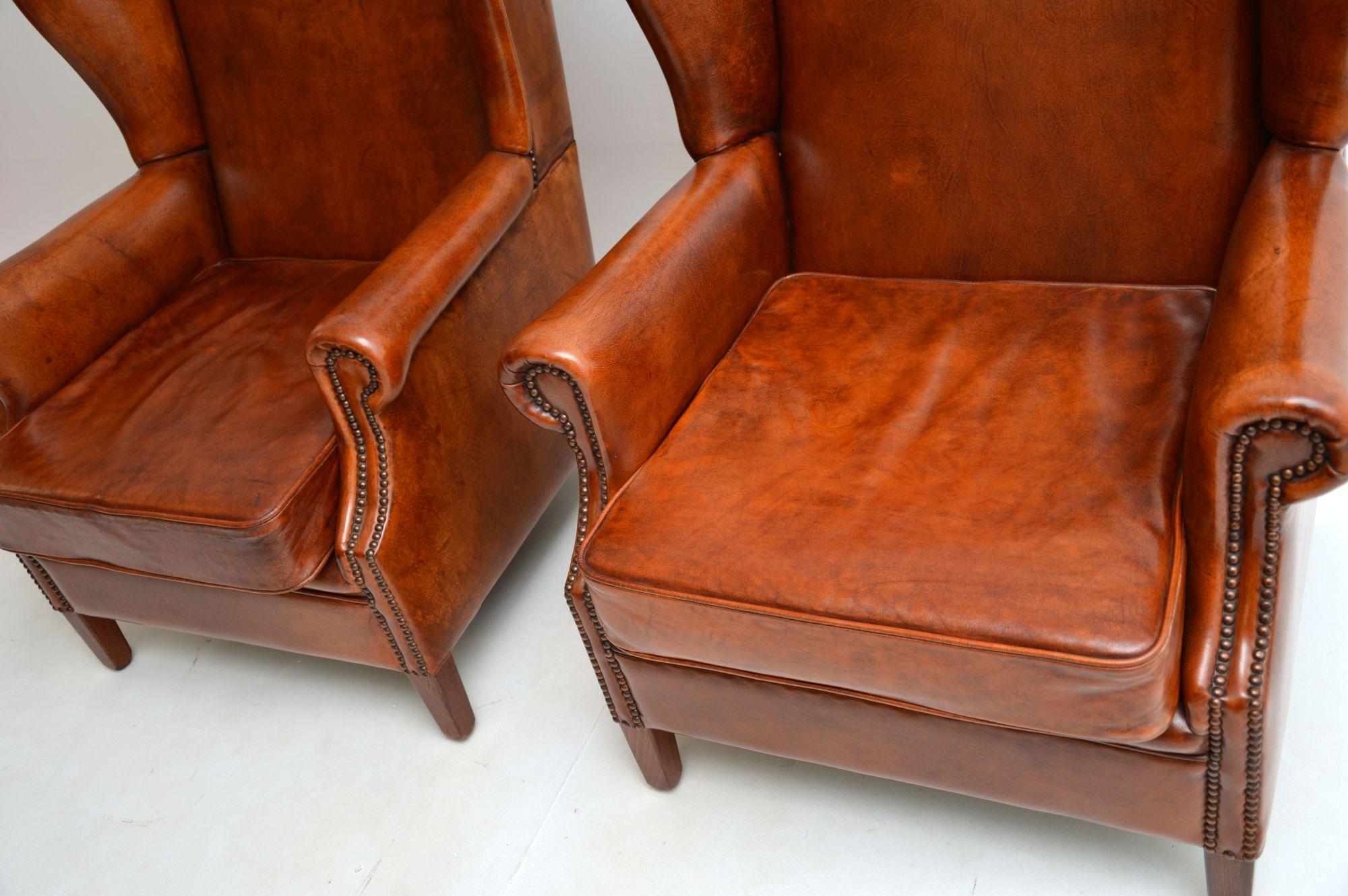 Pair of Antique Leather Wing Back Armchairs 2