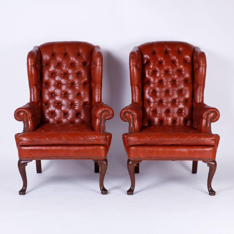Pair of Antique Leather Wing Back Club Chairs For Sale at 1stdibs