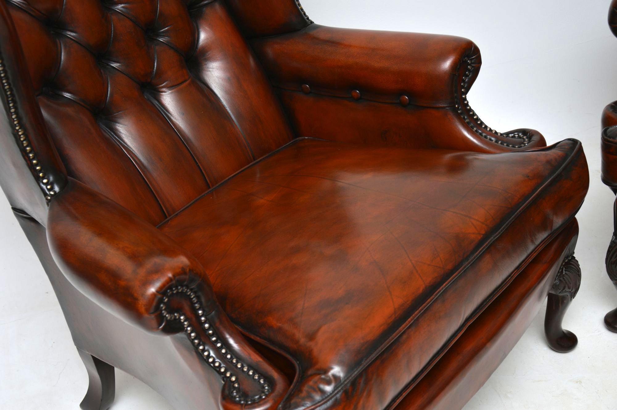 Early 20th Century Pair of Antique Leather Wingback Armchairs