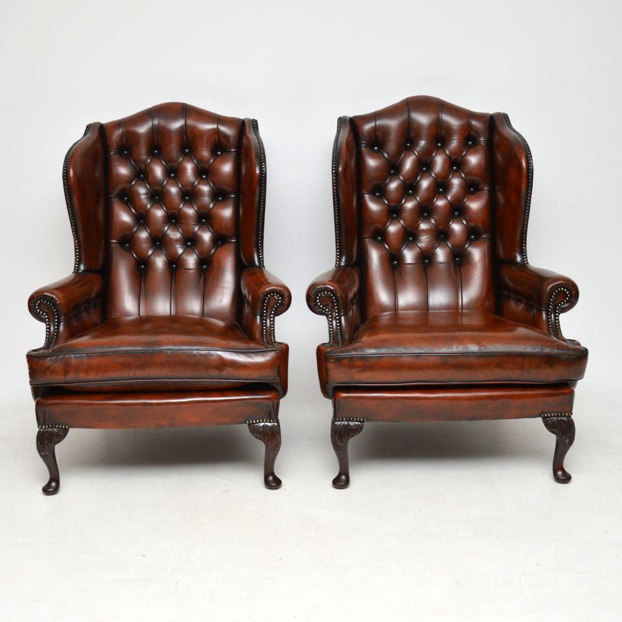 Pair of Antique Leather Wingback Armchairs 1