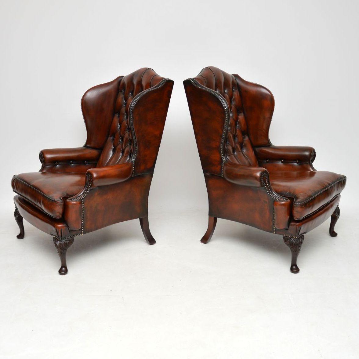 Pair of Antique Leather Wingback Armchairs 2