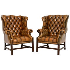 Pair of Antique Leather Wingback Armchairs
