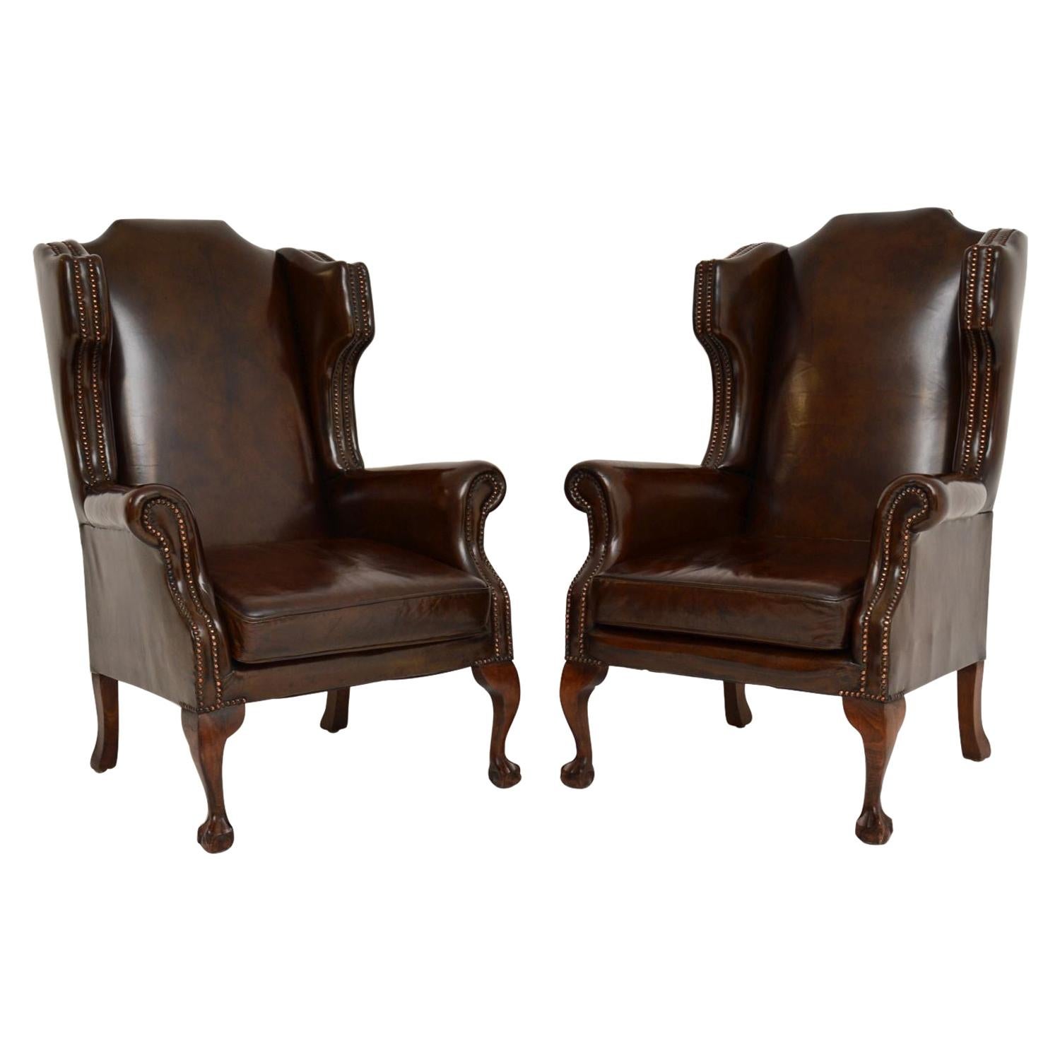 Pair of Antique Leather Wingback Armchairs