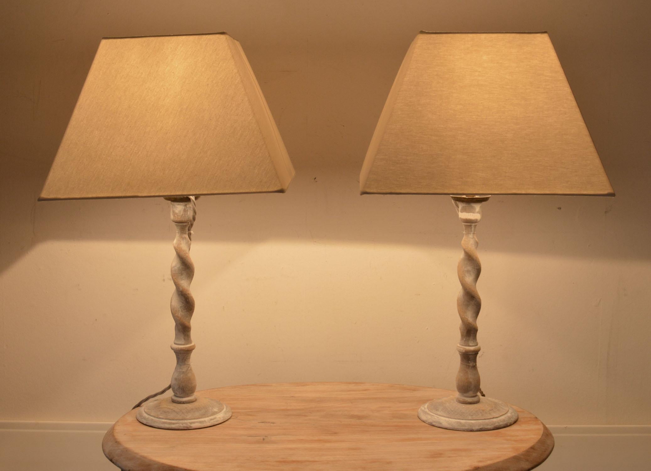 English Pair of Antique Limed Oak Barley Twist Table Lamps