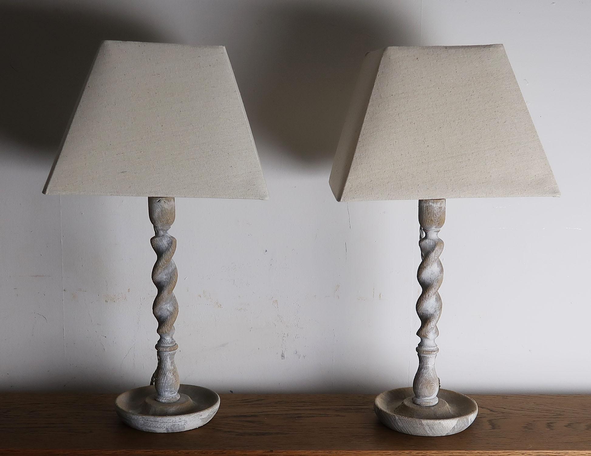 English Pair of Antique Limed Oak Barley Twist Table Lamps