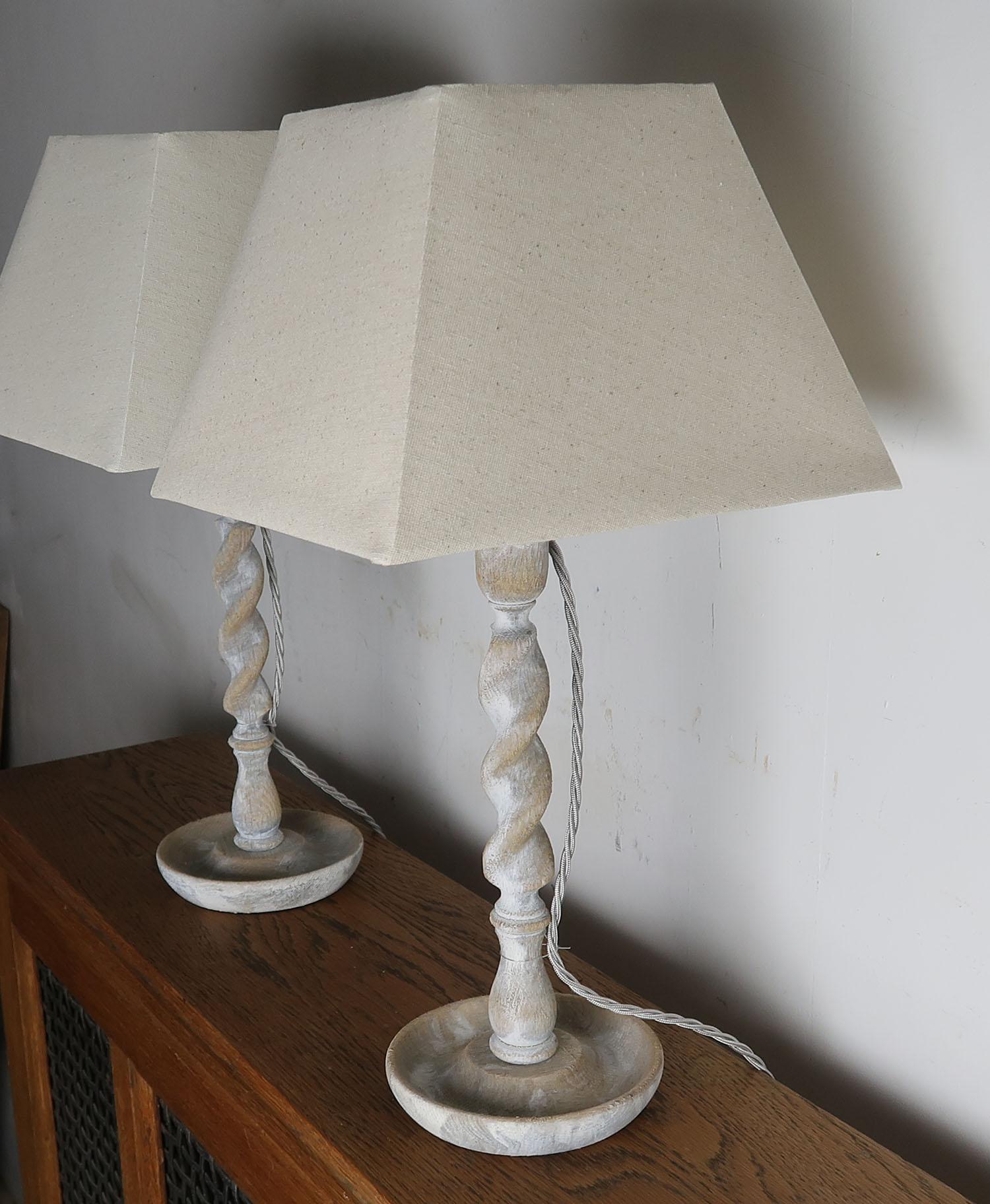Pair of Antique Limed Oak Barley Twist Table Lamps In Good Condition In St Annes, Lancashire